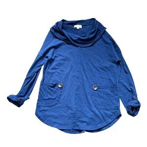 Neon Buddha Women's Tunic Top M Blue Cowl Neck Stretch Pockets Roll Tab Sleeve